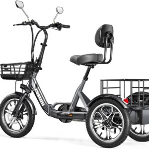 cysum Electric Tricycle for Adults, Foldable 16 Inch Tricycle E-Bike Men Women, 48 V 22 Ah Battery, Range up to 120 km, Cargo Electric Bicycles, Load Capacity 150 kg