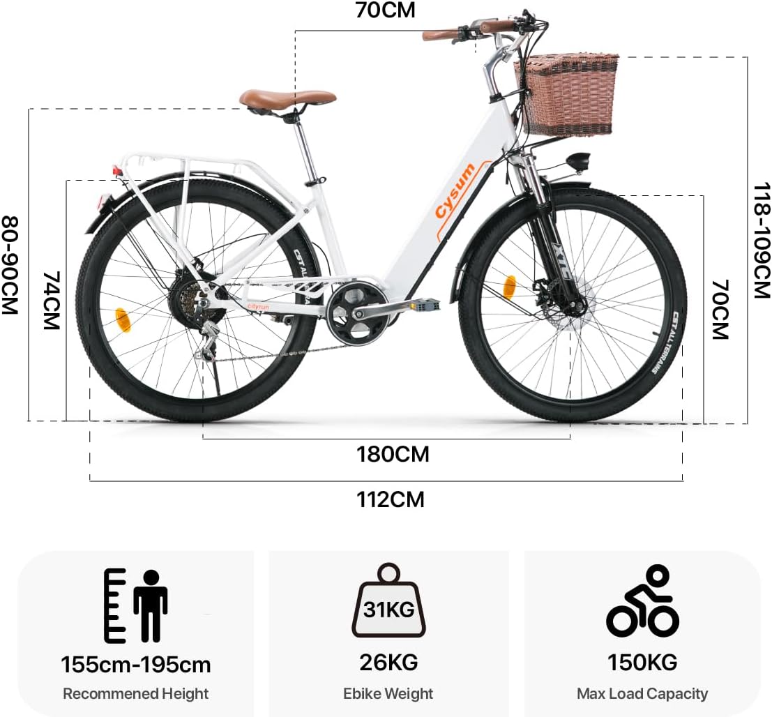 cysum Cityrun Women's 26 Inch Electric Bike Electric Bike Electric Bike Adult 250W Motor 25KM/H Lithium Battery 36V 360WH Range 80km – Bild 3