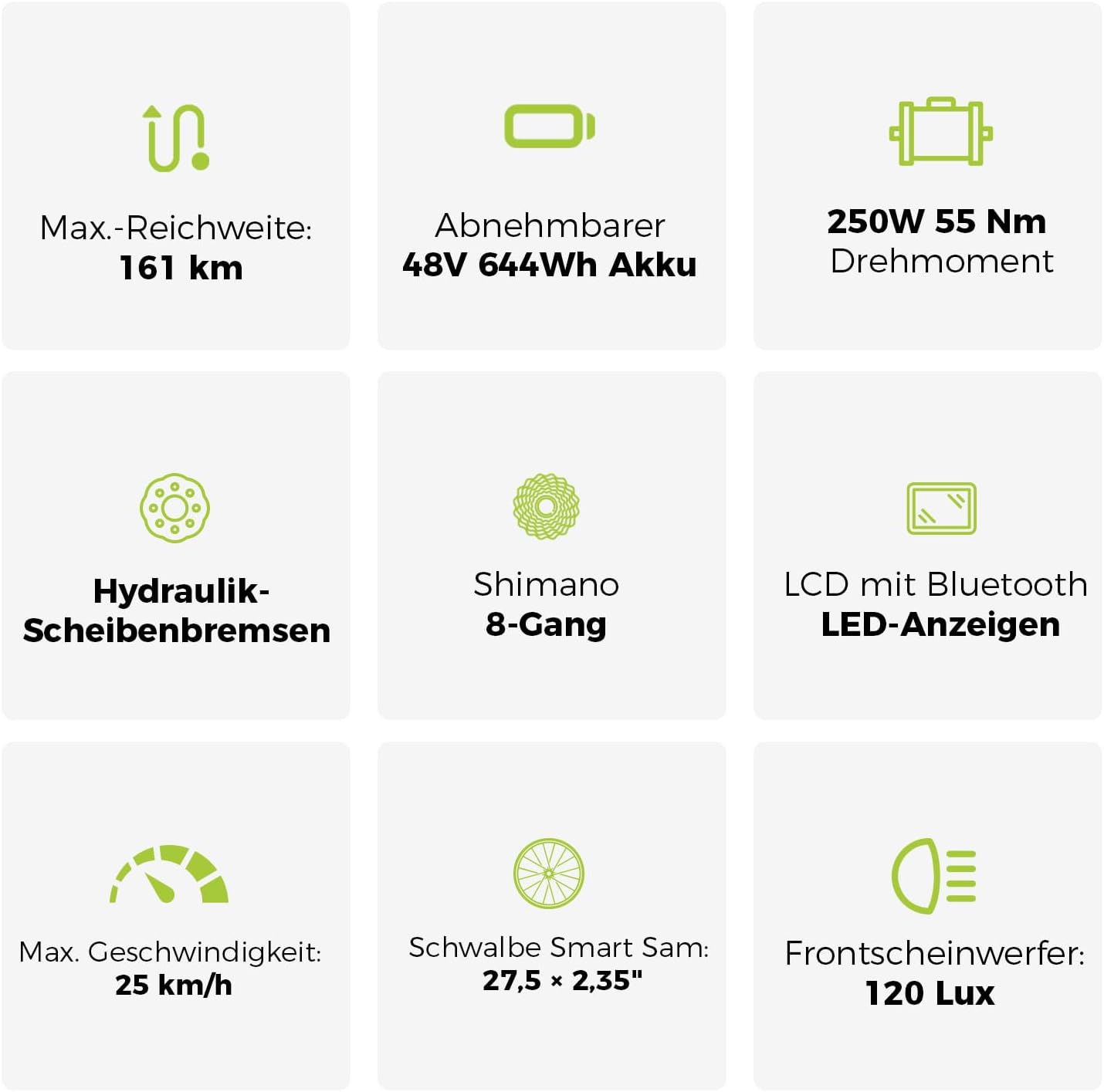 DERUIZ Quartz SUV E-Bike 27.5 Inch E-Mountain Bike with 644Wh Battery, 250W 55Nm Motor, Hydraulic Brakes, 8-Speed Derailleur, RH 46 cm Offroad & City Electric Bicycle for Men and Women, Max 150 km – Bild 2