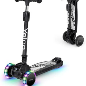 YOLEO Children’s Scooter, Tricycle Scooter with LED Wheels, 2 Wheels Rear Brakes, 4 Height Adjustable, Foldable Handlebars, 50 kg Load Capacity, for Toddlers, Boys, Girls, from 3 Years
