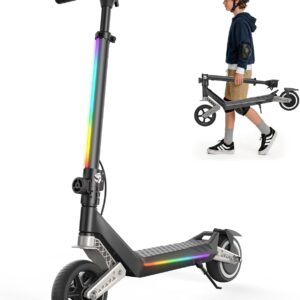 E Scooter Kinder 6-12 Jahre | 150W Motor, 5/10/16km/h, Verstellbare Höhe 82-102 cm, Kinder E-Roller mit Schwingarm-Federung, 6″-6,5″ Reifen, Bunte Regenbogenlichter, LED Display, bis zu 9-10 km