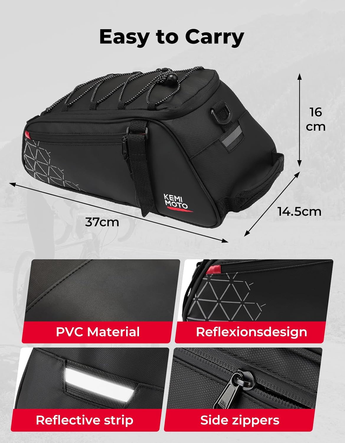 KEMIMOTO 2-in-1 Bicycle Rear Pannier Rack Bag - 8L Water Resistant Pannier Rack Bag for Commuter & Short Trips with Shoulder Strap, Carry Handle & Multiple Compartments – Bild 4