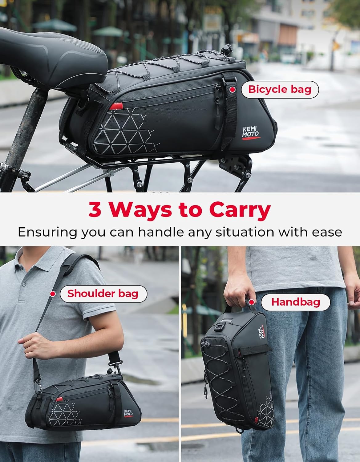 KEMIMOTO 2-in-1 Bicycle Rear Pannier Rack Bag - 8L Water Resistant Pannier Rack Bag for Commuter & Short Trips with Shoulder Strap, Carry Handle & Multiple Compartments – Bild 5