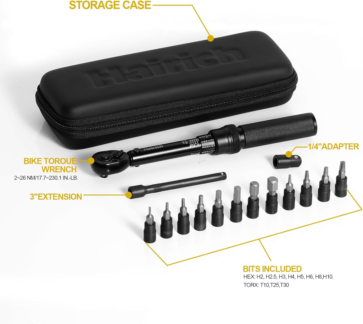 Hairich Torque Wrench Bicycle 1/4 Inch, 15-Piece Set with Hex Socket and Torx Bits, 2-20 Nm Measuring Range, Includes Extension Rod, Torque Wrench for Bicycle – Bild 6