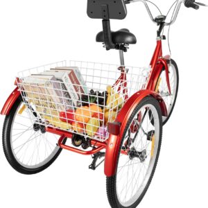 Tricycle for Adults, 24 Inch Foldable, 3 Wheels, 7 Speed Adult Bicycle, Adult Tricycle Tricycle Cruise Bikes with LED Light, Vegetable Basket, Cup Holder, for Rides Outdoor