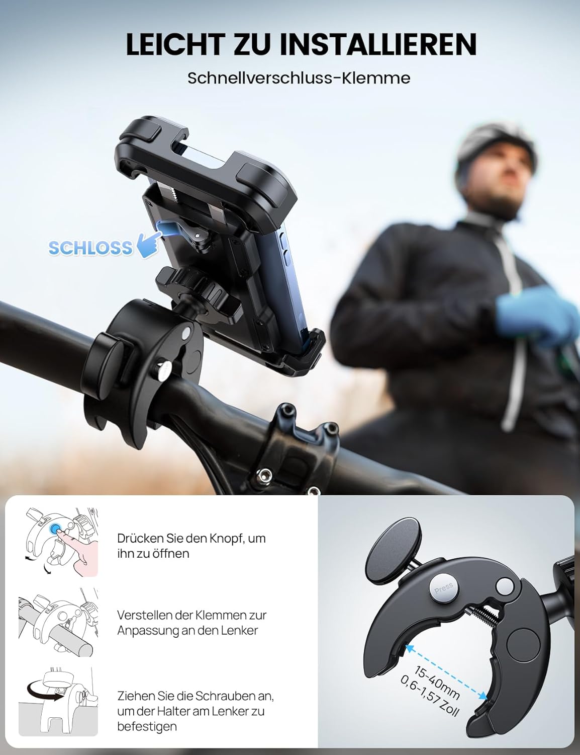 Lamicall Mobile Phone Holder Motorcycle Mobile Phone Holder Bicycle - 2026 Universal 360° Handlebar Holder for iPhone 17 16 15 14 Pro Max Plus, Air, SE, 13 12 Pro Max Mini, 11 Pro Max, Xs, XR, Samsung S26, Smartphone – Bild 4
