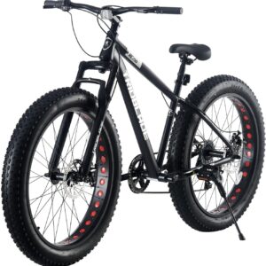 26 Inch Adult Mountain Bike, Men and Women, 7-Speed MTB Bicycles, 26 x 4 Inch Thick Tyres, Front Suspension and Double Disc Brakes, Heavy Adult Bike, 90% Pre-Loaded (Black)