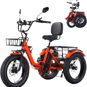 20 Inch Fat Tyre E-Bike Tricycle for Adults and Seniors Foldable Electric Tricycle with Differential, 48 V Battery, 90 km Range, 200 kg Load & Double Basket Red
