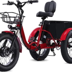Electric Tricycle for Adults, 20 x 4 Inches, Fat-Tire-Etrike, Foldable 3-Wheel Electric Tricycle, Max. 20 km/h with Large Bicycle Basket, 48 V, 15 Ah, Removable Battery (Red)
