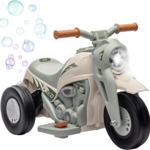 AIYAPLAY Electric Children’s Motorcycle, 6 V Tricycle with Bubble Machine, Music, Headlight, Electric Motorcycle with Forward, Reverse Function, 2.5-3 km/h Electric Motorcycle for 2-5 Years Children, Cream White