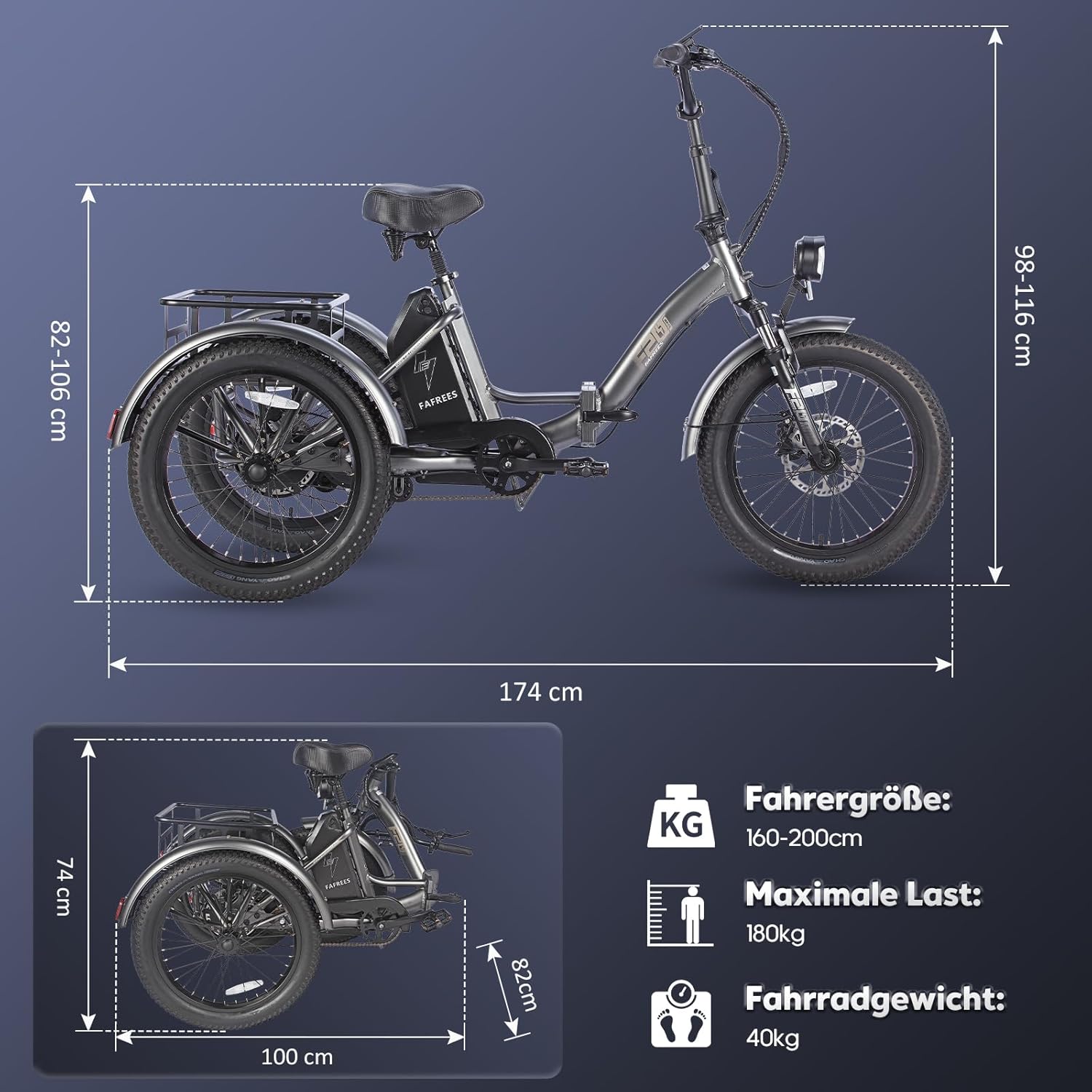 Fafrees F20 Mate Electric Tricycle for Adults, E Bike Folding Bike 20 x 3.0 Inches, E-Bike 3 Wheel Loads 48 V 65 Nm, Senior Electric Tricycle Hydraulic Brakes, Load 180 kg – Bild 9