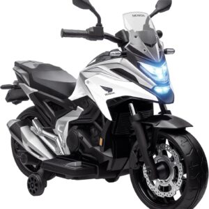 AIYAPLAY Electric Children’s Motorbike with MP3, USB, Stabilisers, Music, Headlight, Children’s Electric Motorcycle with 2 Stabilisers for Children from 3-6 Years, White