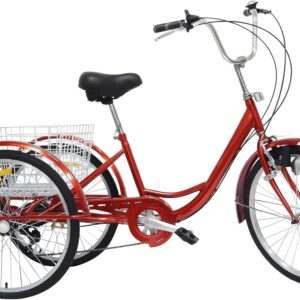 24 Inch 6 Speed Tricycle for Adults Seniors, 3 Wheel Bicycle Folding Bike Made of Carbon Steel, Red Tricycle with White Basket, Aluminium Alloy, 110 kg Load Capacity