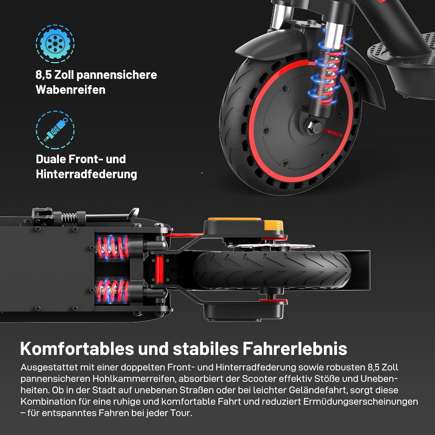 EVERCROSS EV85F/EV10K PRO E-Scooter mit Straßenzulassung (ABE), Faltbarer Elektroroller für Erwachsene mit APP - 400W Motor, 7,8/10,4 AH Batterie, Duales Brems, Zwei Stoßdämpfer – Bild 7