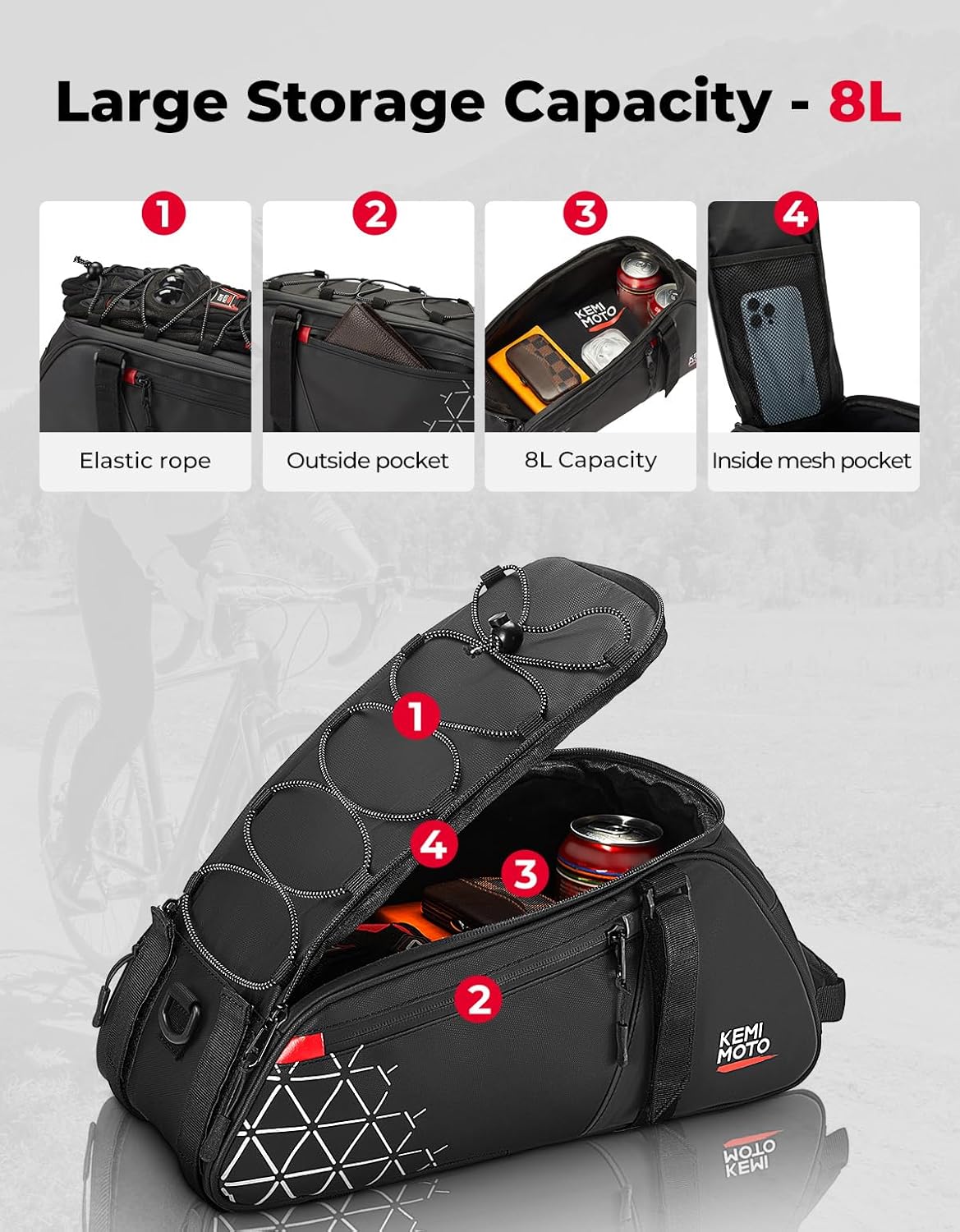 KEMIMOTO 2-in-1 Bicycle Rear Pannier Rack Bag - 8L Water Resistant Pannier Rack Bag for Commuter & Short Trips with Shoulder Strap, Carry Handle & Multiple Compartments – Bild 2