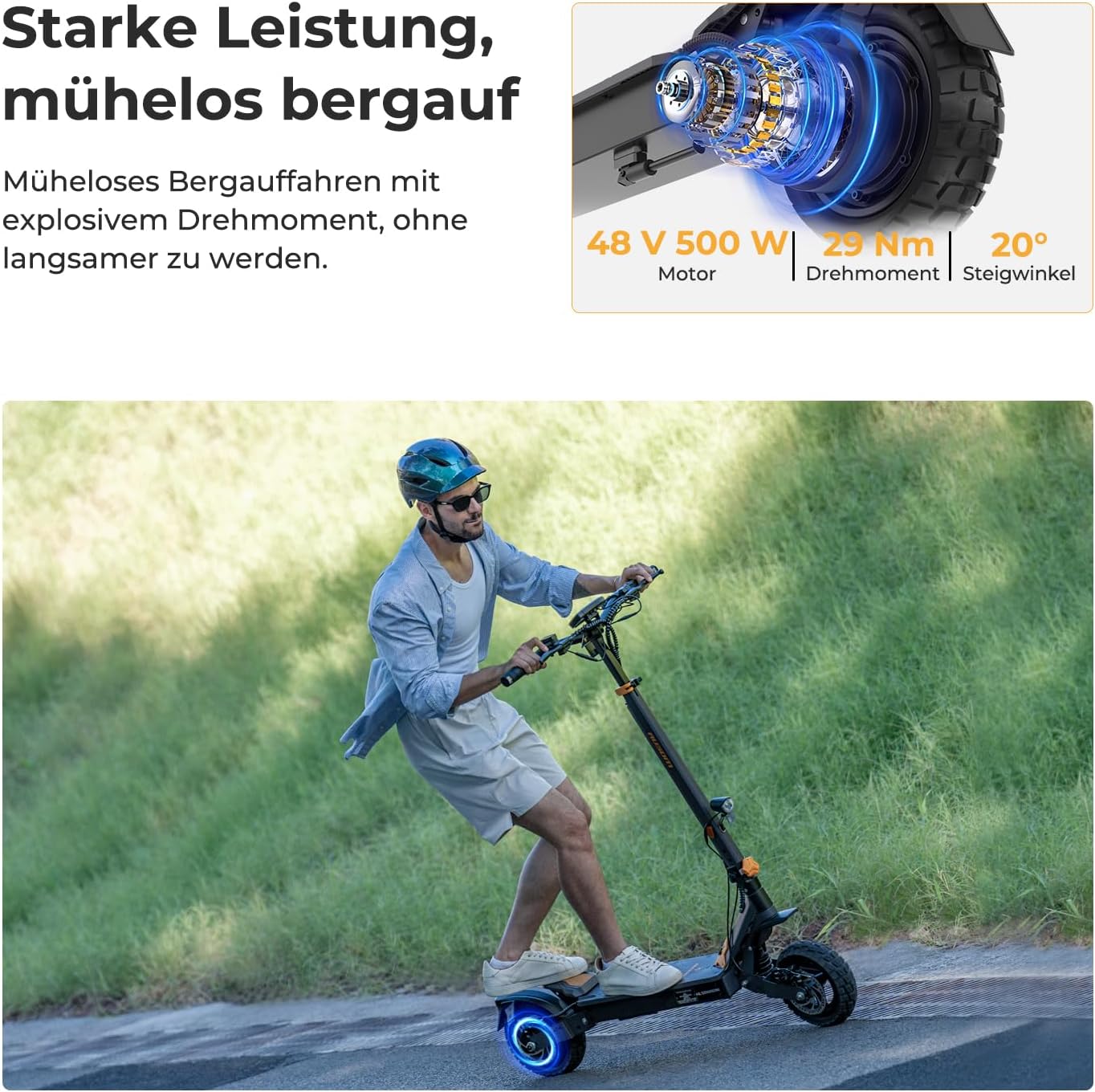 Ausom L1 E-Scooter mit Straßenzulassung (ABE), 70-90km Reichweite, 500W Motor, Max.20 km/h, Faltbarer Offroad Elektroroller für Erwachsene mit Duale Schwingarmdämpfer, Dual-Disc-Bremsen – Bild 3