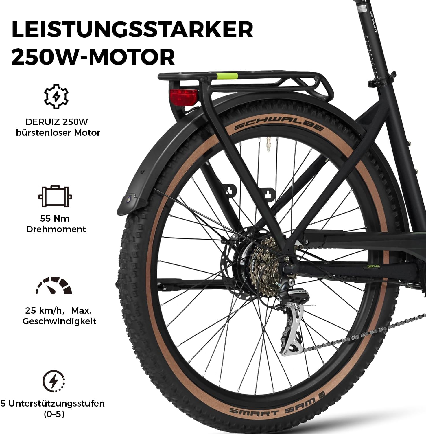 DERUIZ Quartz SUV E-Bike 27.5 Inch E-Mountain Bike with 644Wh Battery, 250W 55Nm Motor, Hydraulic Brakes, 8-Speed Derailleur, RH 46 cm Offroad & City Electric Bicycle for Men and Women, Max 150 km – Bild 3