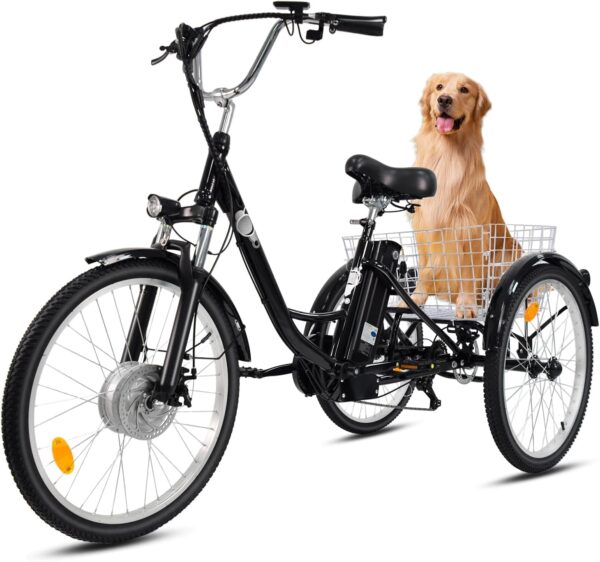 250 W Electric Tricycle for Adults and Seniors, 36 V 15 Ah Battery E-Bike with 50 km Range, Shimano 7-Speed, 24 Inch Tyres, 3 Wheel Bicycle with Basket, up to 180 kg Load Capacity
