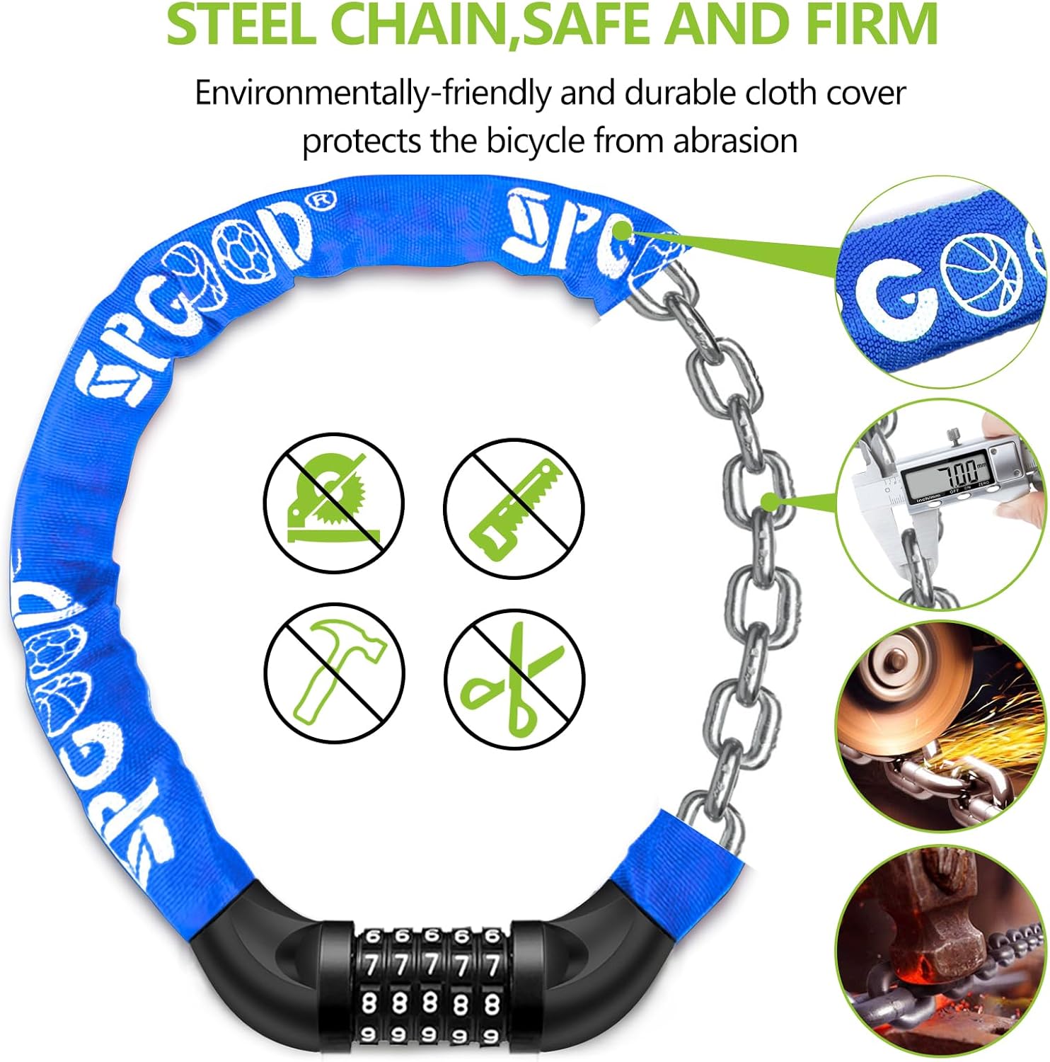SPGOOD Bicycle Lock with Numbers and High Security Level, Bicycle Chain Lock, Number Code Combination Lock, Hardened Steel Chain Links, 14 Colours – Bild 5
