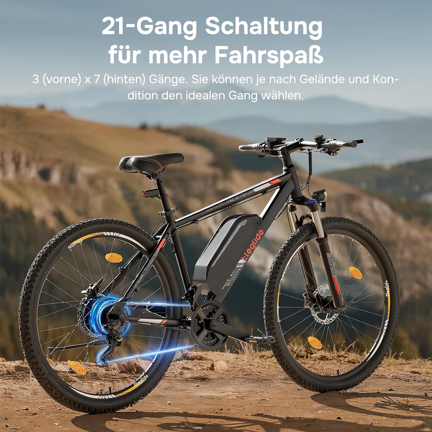 Eleglide E Bike, 27,5/29 Zoll E-Bike Herren Damen mit Hydraulische Scheibenbremse, 36V 18Ah Akku, Reichweite bis zu 150 KM, Offroad E-Mountainbike, 21 Gänge Elektrofahrrad, Mopride 2 – Bild 7