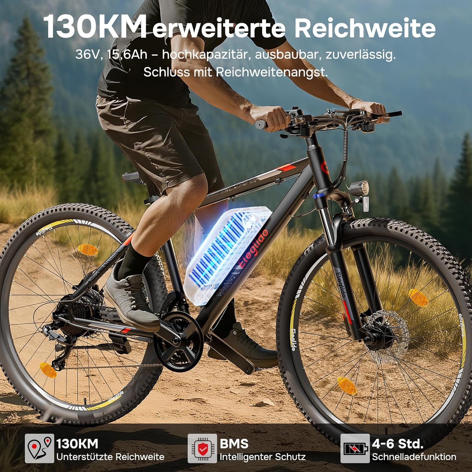Eleglide E Bike, 27,5/29 Zoll E-Bike Herren Damen mit Hydraulische Scheibenbremse, 36V 18Ah Akku, Reichweite bis zu 150 KM, Offroad E-Mountainbike, 21 Gänge Elektrofahrrad, Mopride 2 – Bild 2