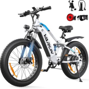 VARUN E Bike, 26 x 4.0 Zoll Ebike Herren mit 85Nm 250W Motor, 48V 18AH Akku, bis 150km Reichweite, Vollfederung, 5 PAS LCD-Display, 25km/h, 7 Gang, Offroad E-Bike für alle Geländearten