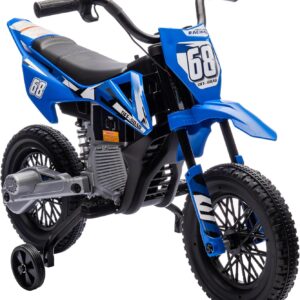 AIYAPLAY Electric Children’s Motorbike with Music, Children 2.4-5 km/h Electric Motorcycle with 2 Stabilisers for Children from 3-6 Years, Blue