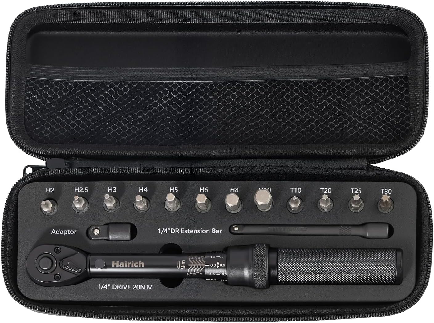 Hairich Torque Wrench Bicycle 1/4 Inch, 15-Piece Set with Hex Socket and Torx Bits, 2-20 Nm Measuring Range, Includes Extension Rod, Torque Wrench for Bicycle