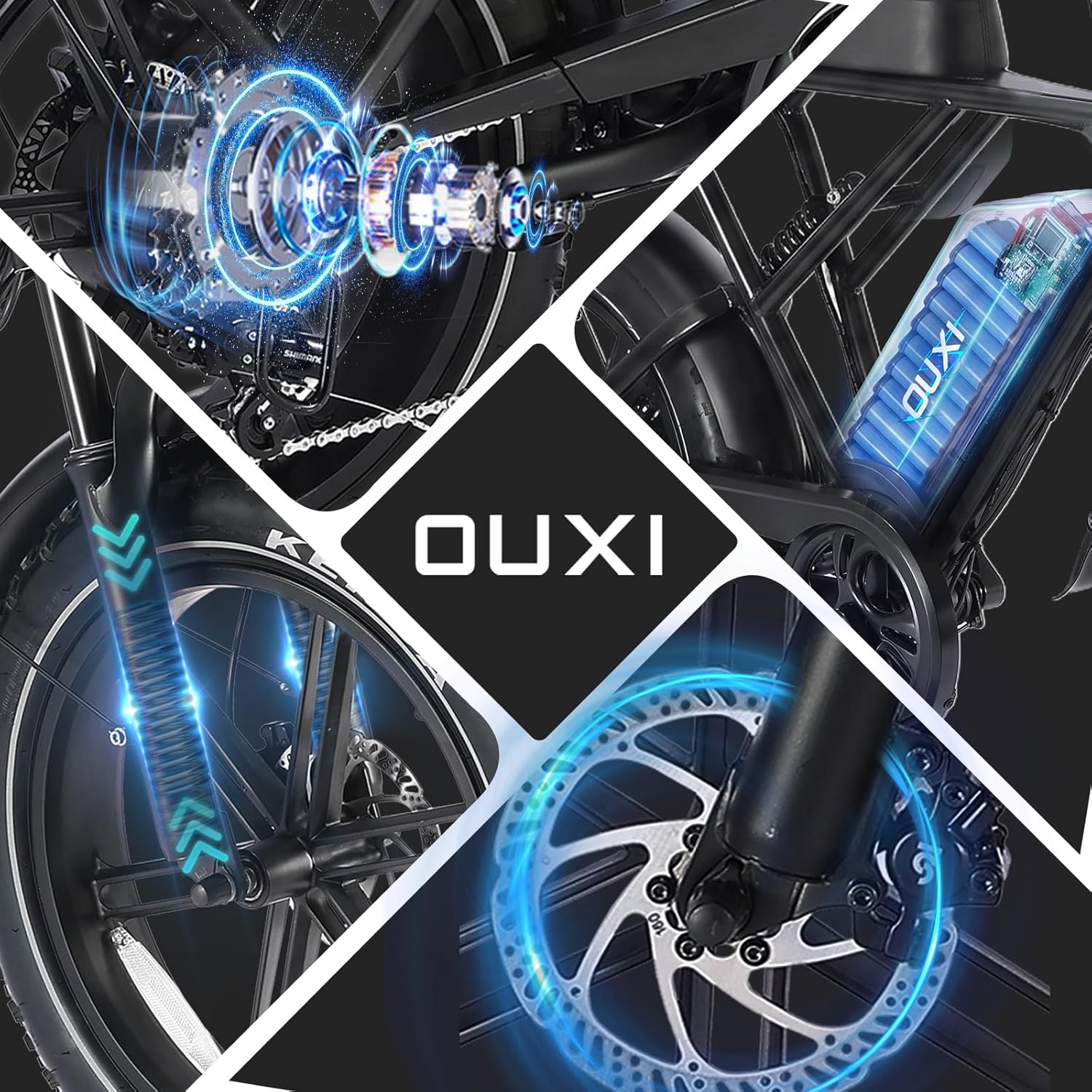 OUXI H9 E-Bike 20 Inch Fatbike Electric Bicycle Pedelec, 250 W Motor 60 Nm, 48 V 15 Ah Battery 60 km, Hydraulic Disc Brakes, Full Suspension, Front and Rear Pannier Rack with Indicator – Bild 7