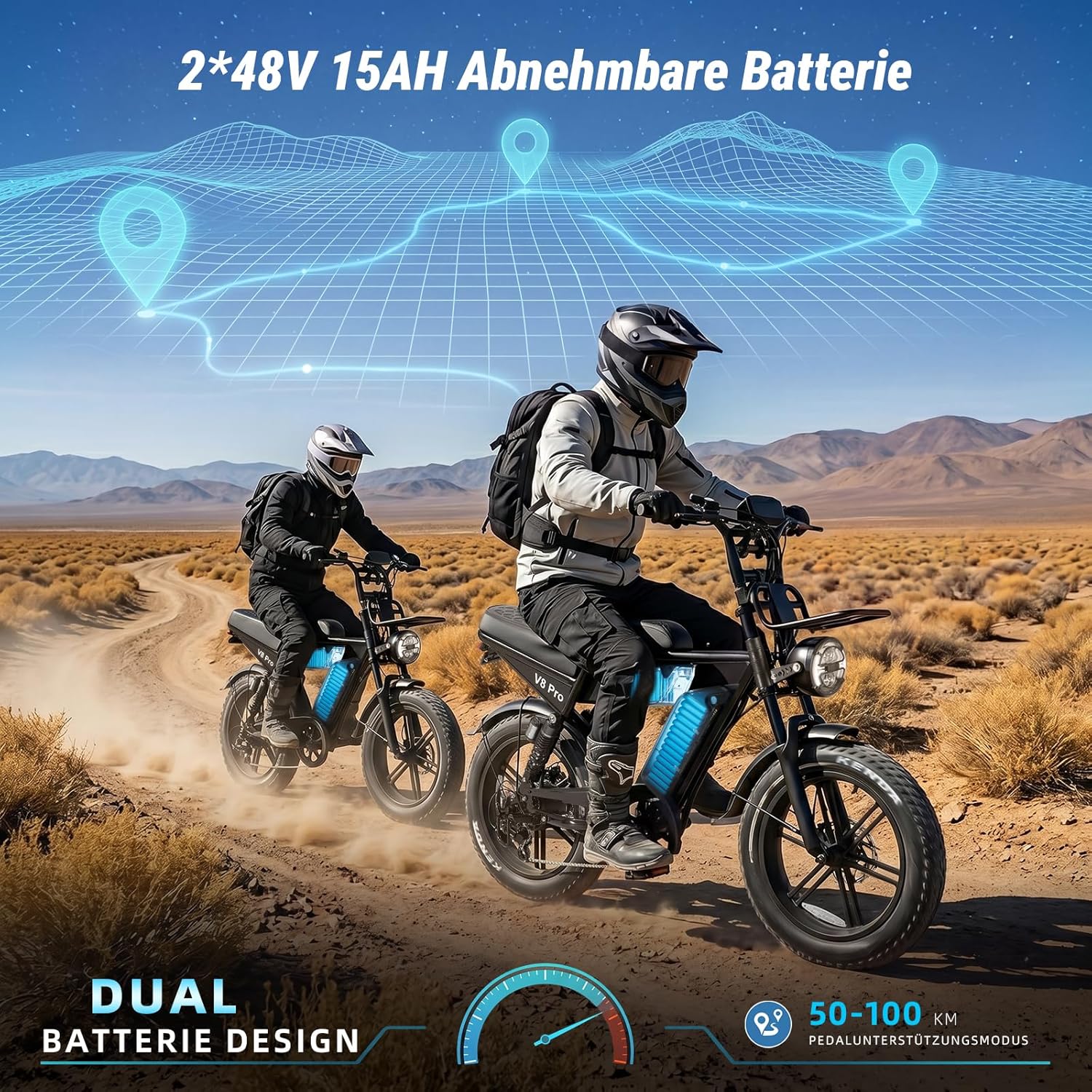 OUXI Pro E-Bike 20 Inch Fatbike Electric Bicycle, Double Battery 2 x 15 Ah up to 100 km, 250 W Motor 60 Nm, Hydraulic Disc Brakes, Full Suspension, Bluetooth Speaker, Front Luggage Rack – Bild 2