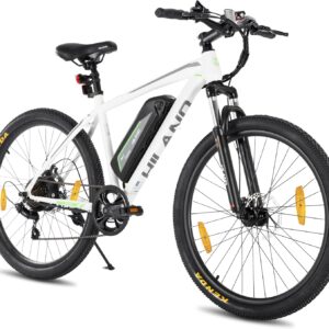 Hiland 26 Inch Electric Mountain Bike with 250 W Motor, 36 V 7.8 Ah Battery, Electric Mountain Bike with 7-Speed Gears, Electric Bicycle for Men and Women, E-Bike with Disc Brakes, Black/Grey/White
