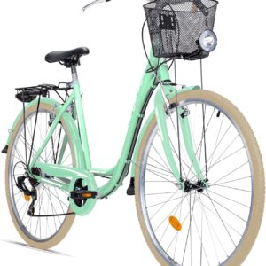 Bergsteiger Florenz 28 Inch Women’s Bicycle with Basket, Lighting & Gears, from 160 cm, Women’s Bicycle with Shimano 7 Gears, Retro Women’s Bike