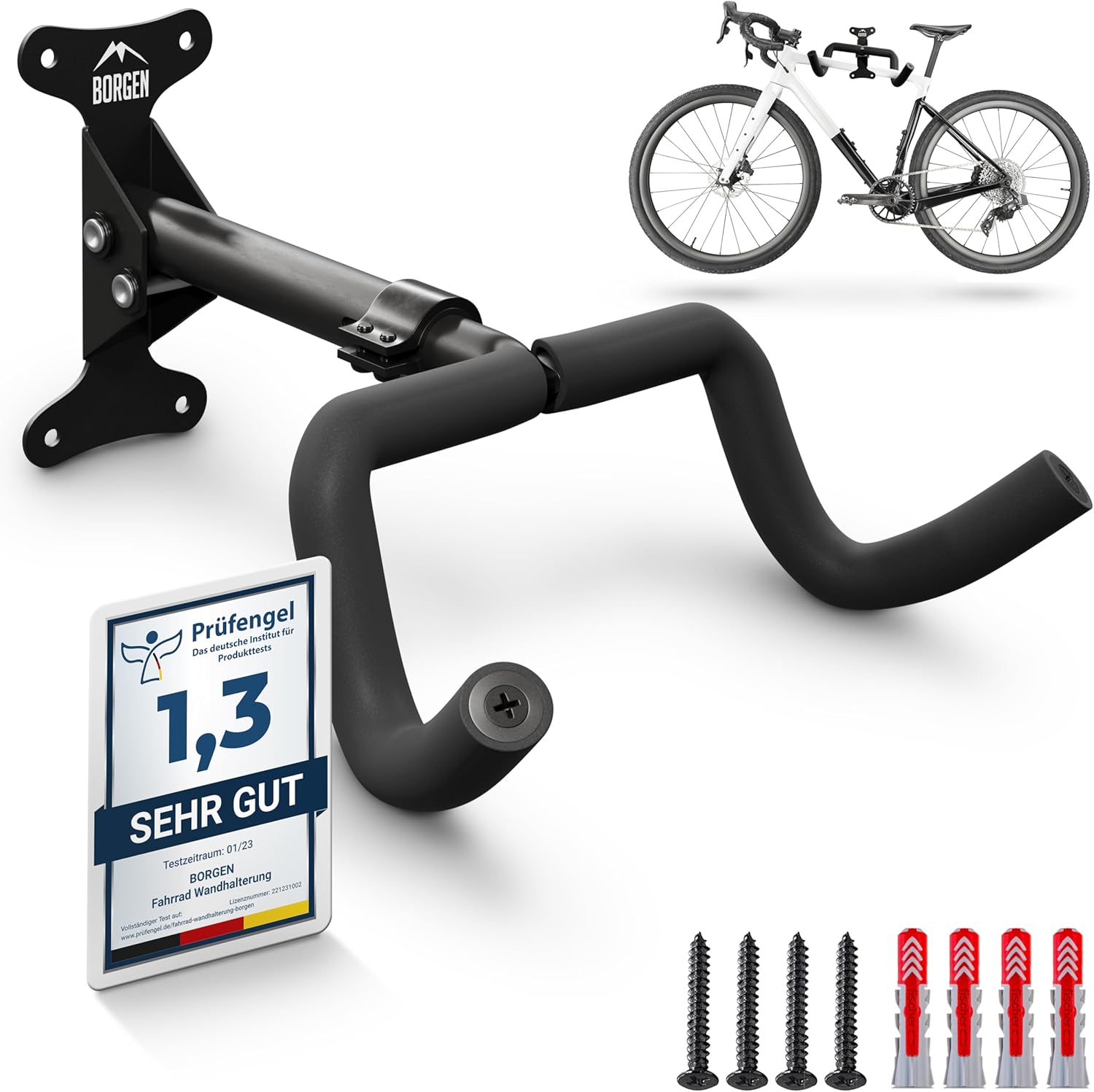 Borgen Bicycle Wall Mount with Adjustable Angle and Wall Distance, Foldable, for Mountain Bikes/Road Bikes, Extra Soft Padding, up to 20 kg