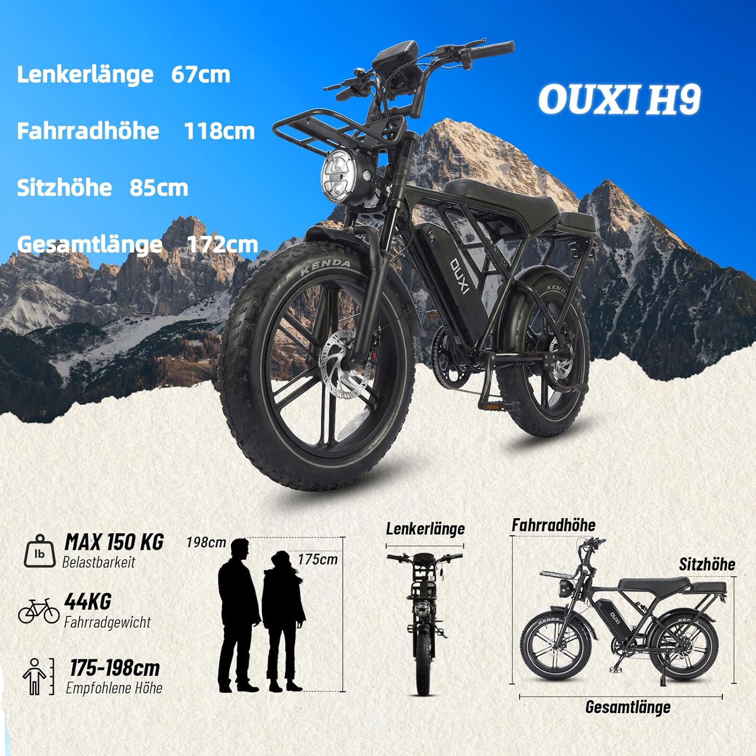 OUXI H9 E-Bike 20 Inch Fatbike Electric Bicycle Pedelec, 250 W Motor 60 Nm, 48 V 15 Ah Battery 60 km, Hydraulic Disc Brakes, Full Suspension, Front and Rear Pannier Rack with Indicator – Bild 8