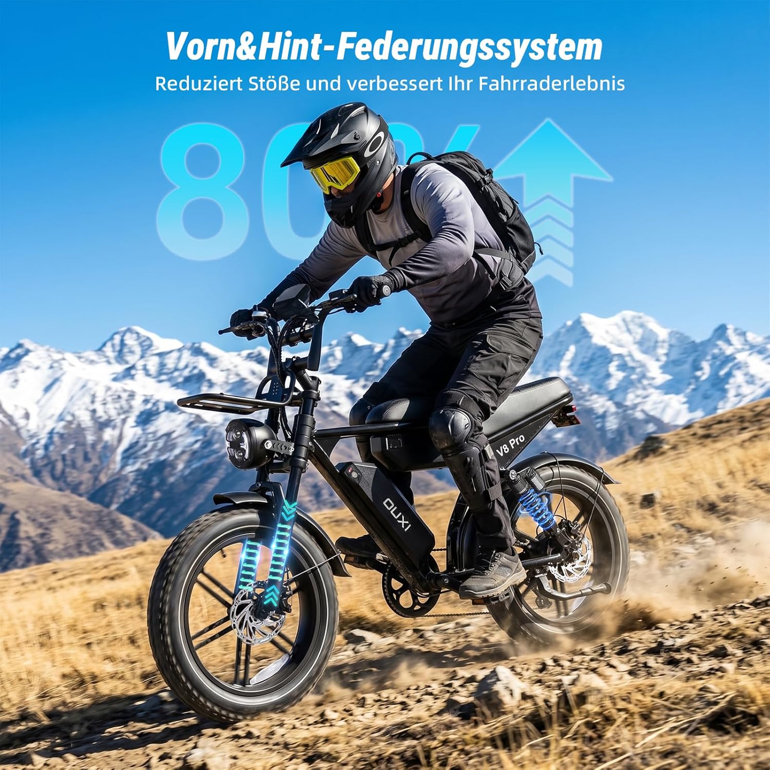 OUXI Pro E-Bike 20 Inch Fatbike Electric Bicycle, Double Battery 2 x 15 Ah up to 100 km, 250 W Motor 60 Nm, Hydraulic Disc Brakes, Full Suspension, Bluetooth Speaker, Front Luggage Rack – Bild 4