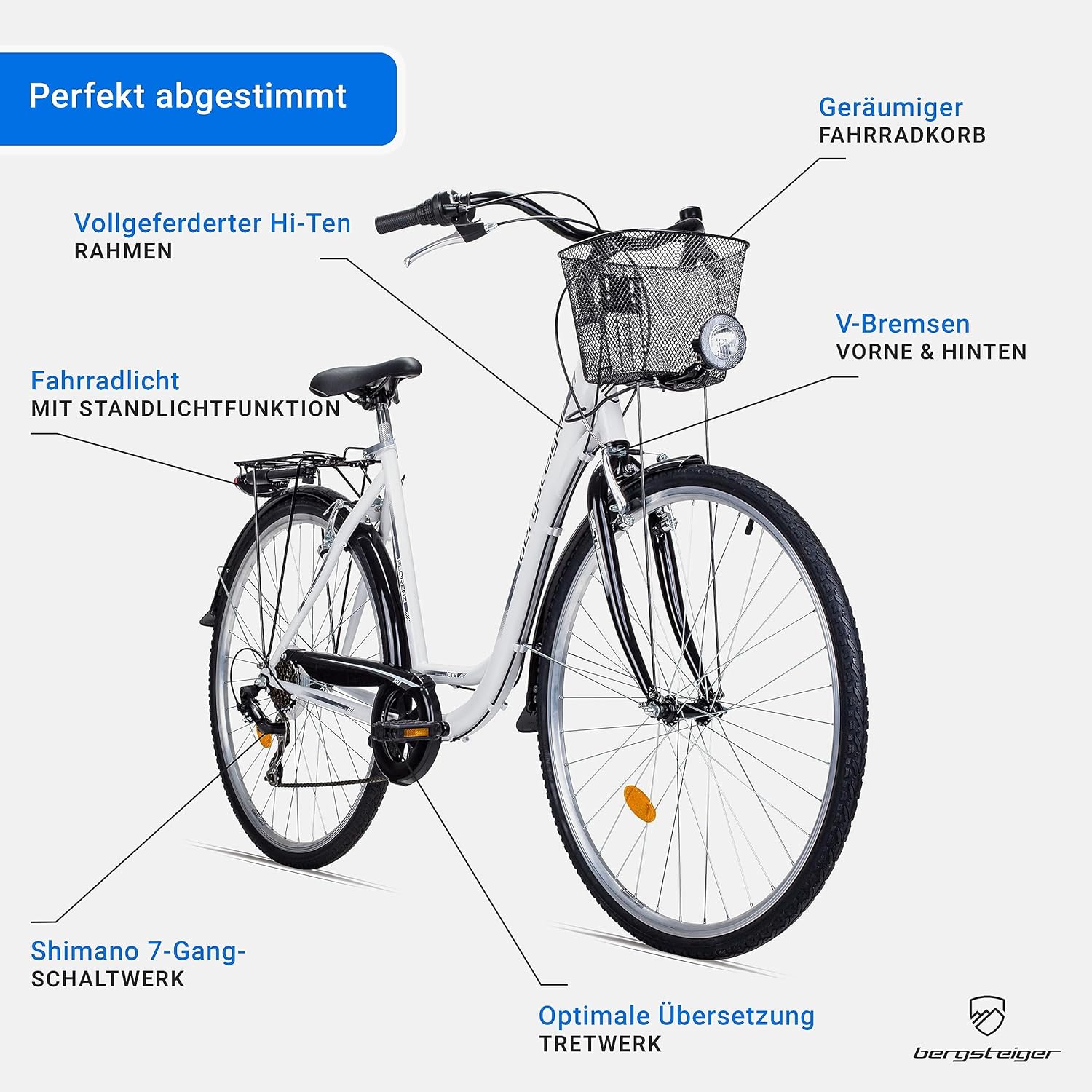 Bergsteiger Florenz 28 Inch Women's Bicycle with Basket, Lighting & Gears, from 160 cm, Women's Bicycle with Shimano 7 Gears, Retro Women's Bike – Bild 5