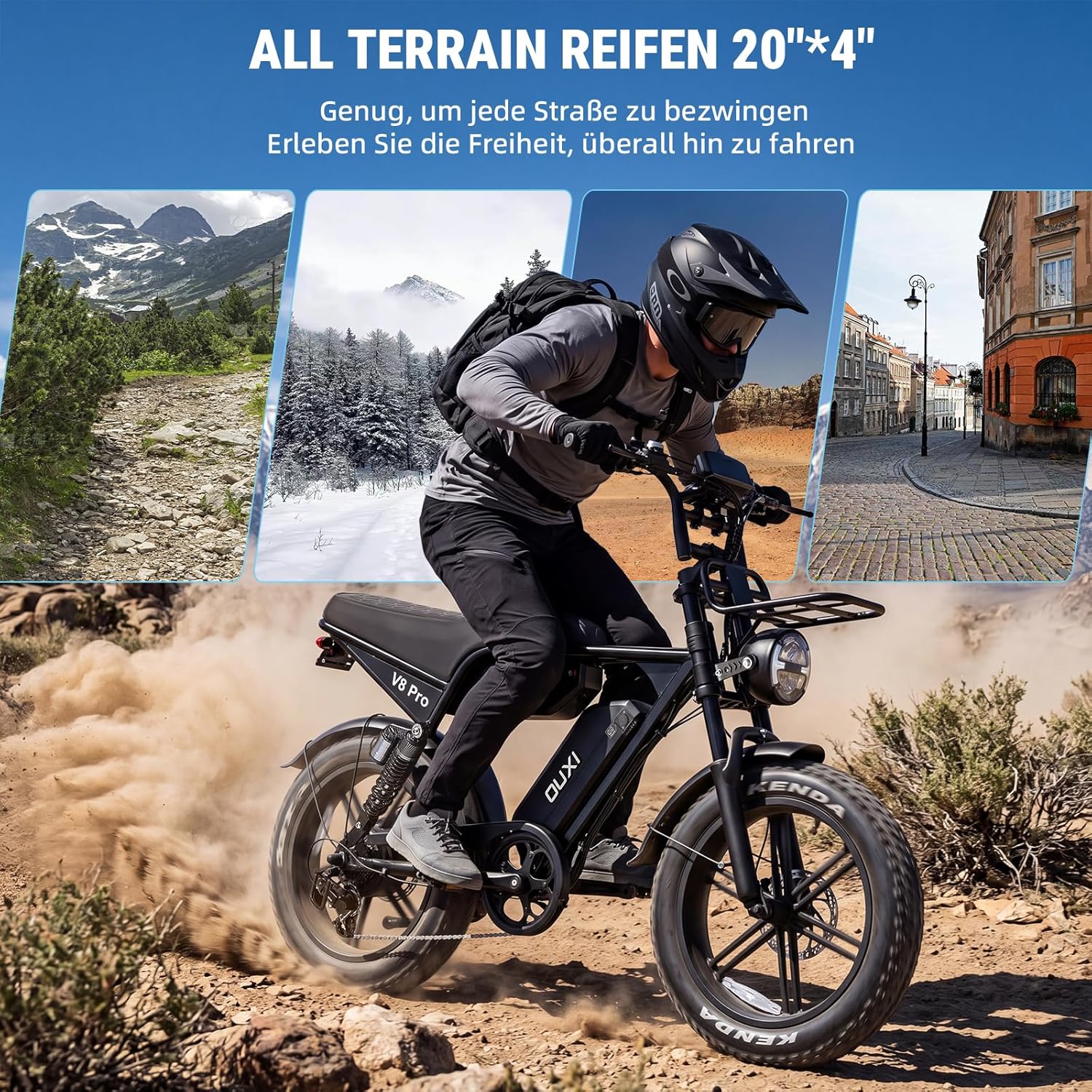 OUXI Pro E-Bike 20 Inch Fatbike Electric Bicycle, Double Battery 2 x 15 Ah up to 100 km, 250 W Motor 60 Nm, Hydraulic Disc Brakes, Full Suspension, Bluetooth Speaker, Front Luggage Rack – Bild 5