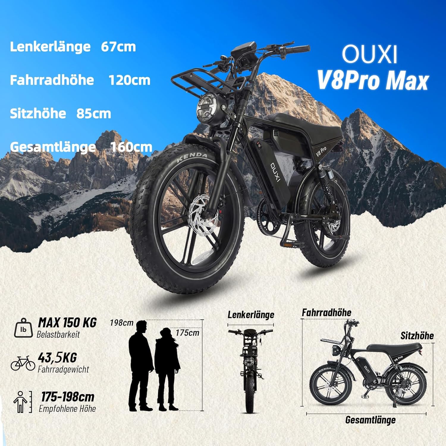 OUXI Pro E-Bike 20 Inch Fatbike Electric Bicycle, Double Battery 2 x 15 Ah up to 100 km, 250 W Motor 60 Nm, Hydraulic Disc Brakes, Full Suspension, Bluetooth Speaker, Front Luggage Rack – Bild 7