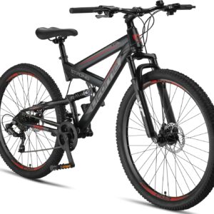 Licorne Bike Strong 2D Premium Mountain Bike in 26, 27.5 and 29 Inch Bicycle for Boys Girls Women and Men Disc Brake Front and Rear 21 Speed Gears Full Suspension