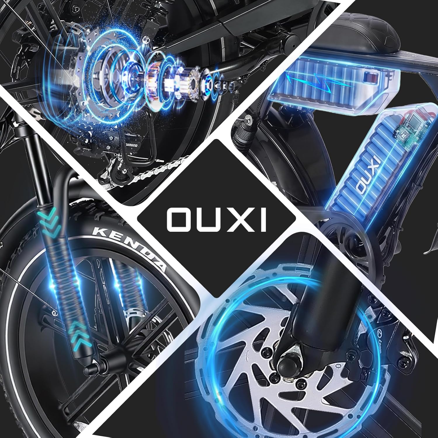 OUXI Pro E-Bike 20 Inch Fatbike Electric Bicycle, Double Battery 2 x 15 Ah up to 100 km, 250 W Motor 60 Nm, Hydraulic Disc Brakes, Full Suspension, Bluetooth Speaker, Front Luggage Rack – Bild 8