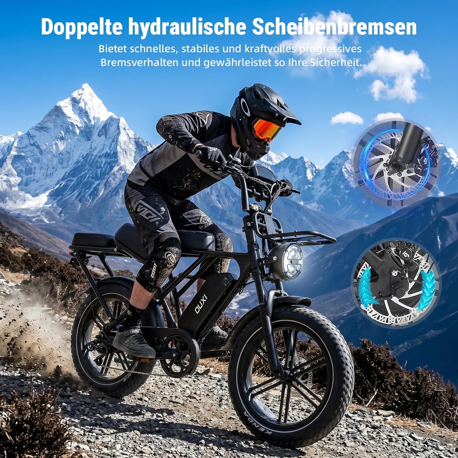 OUXI H9 E-Bike 20 Inch Fatbike Electric Bicycle Pedelec, 250 W Motor 60 Nm, 48 V 15 Ah Battery 60 km, Hydraulic Disc Brakes, Full Suspension, Front and Rear Pannier Rack with Indicator – Bild 6