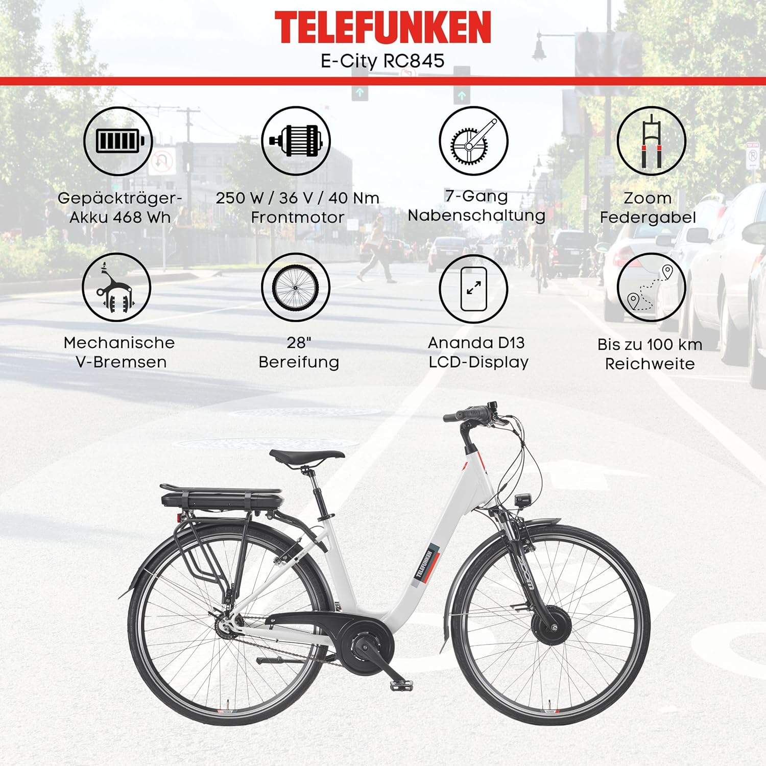 TELEFUNKEN E-Bike 28 Zoll Fahrrad für Damen & Herren | Pedelec Citybike mit 7-Gang Nabenschaltung | Elektrofahrrad 250 W Frontmotor | 468 Wh Li-Ion Akku | EBike Multitalent RC845 – Bild 5