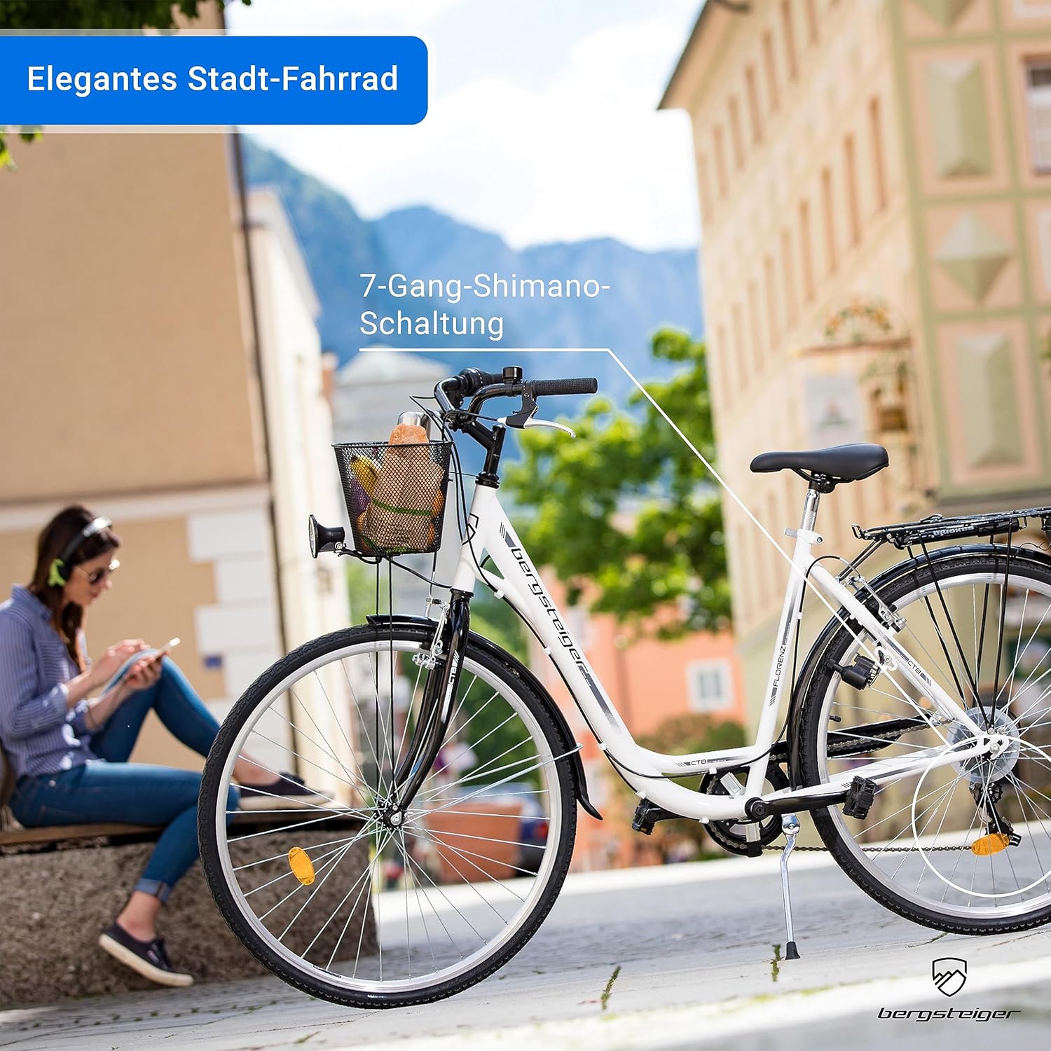 Bergsteiger Florenz 28 Inch Women's Bicycle with Basket, Lighting & Gears, from 160 cm, Women's Bicycle with Shimano 7 Gears, Retro Women's Bike – Bild 4