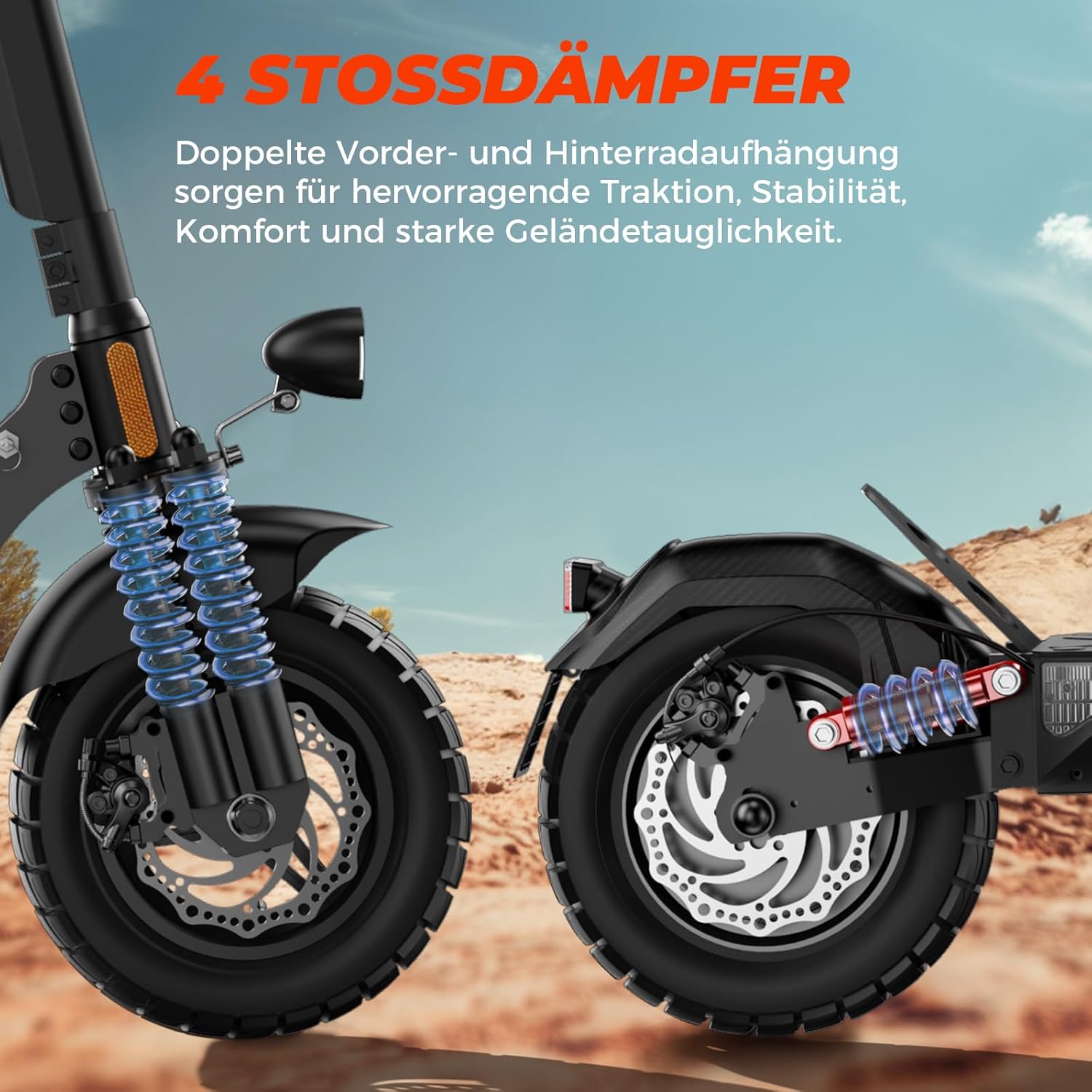 E Scooter with 10 Inch Offroad Pneumatic Tyres, 4 Comfortable Shock Absorption Systems, Electric Scooter with Road Legal Battery 12.5 Ah Max 70 km Eco Range, Max Load Capacity 150 kg, App Lock Vehicle – Bild 3