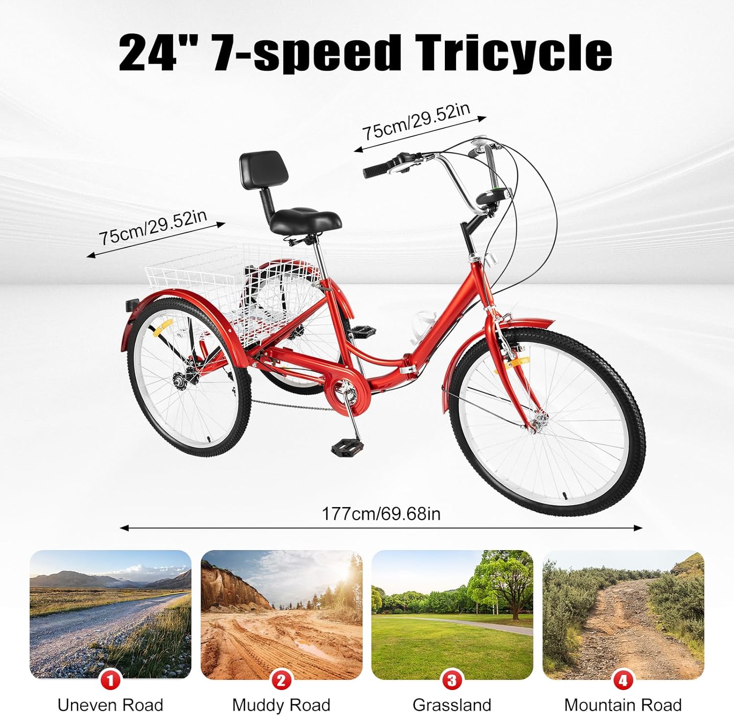 24 Inch Folding Tricycle, Tricycle for Adults with LED Headlight & Shopping Basket, 7-Speed Tricycle Bike, 3 Wheels, Outdoor Shopping Bicycle for Seniors & Adults, Red – Bild 2
