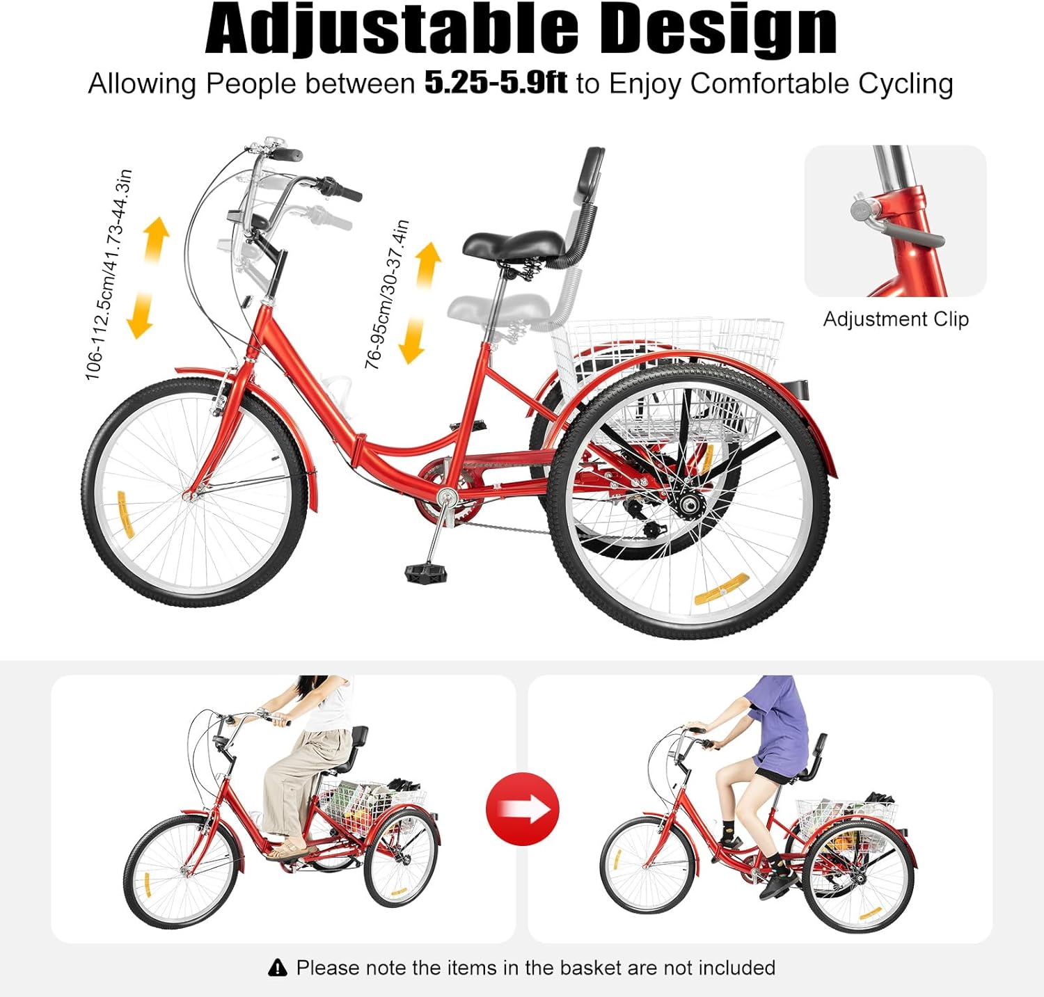 24 Inch Folding Tricycle, Tricycle for Adults with LED Headlight & Shopping Basket, 7-Speed Tricycle Bike, 3 Wheels, Outdoor Shopping Bicycle for Seniors & Adults, Red – Bild 5