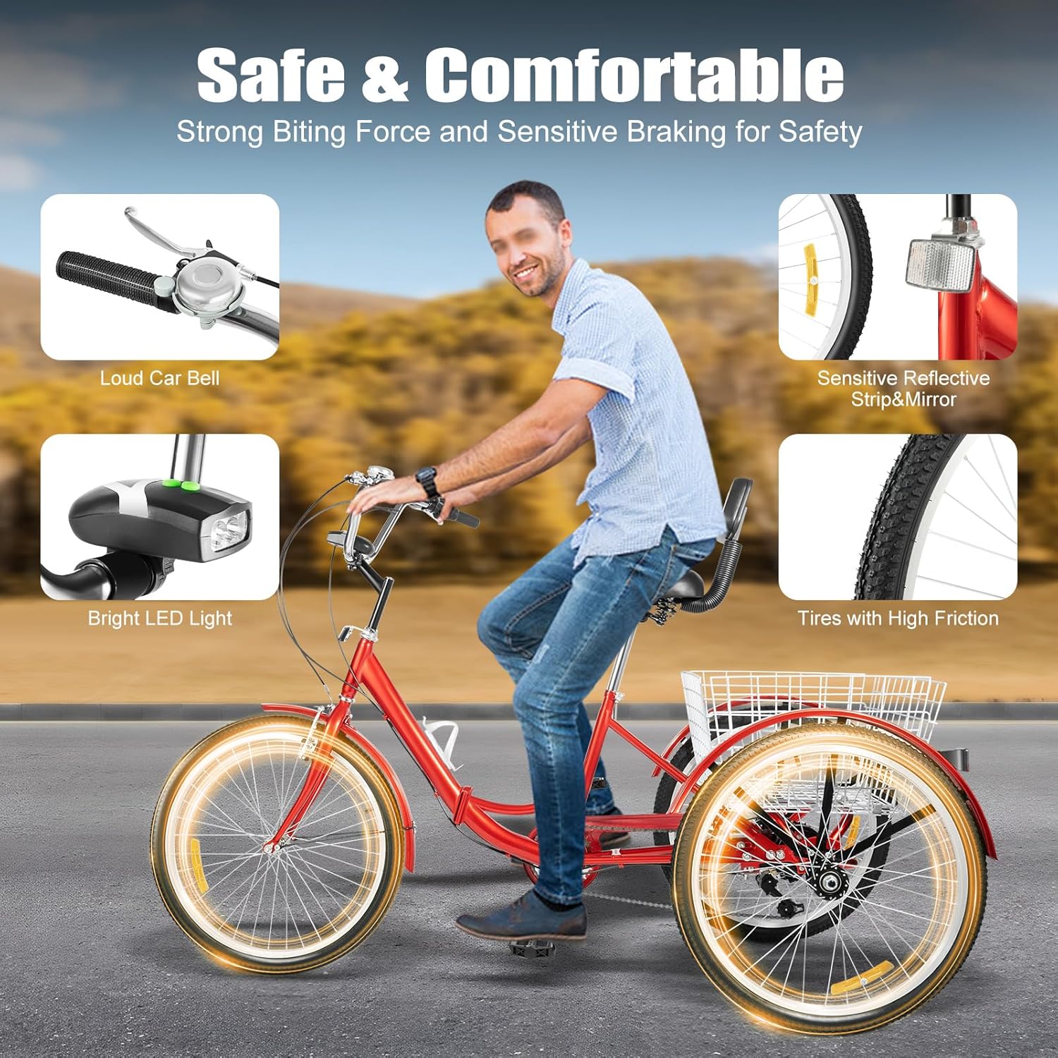 24 Inch Folding Tricycle, Tricycle for Adults with LED Headlight & Shopping Basket, 7-Speed Tricycle Bike, 3 Wheels, Outdoor Shopping Bicycle for Seniors & Adults, Red – Bild 6
