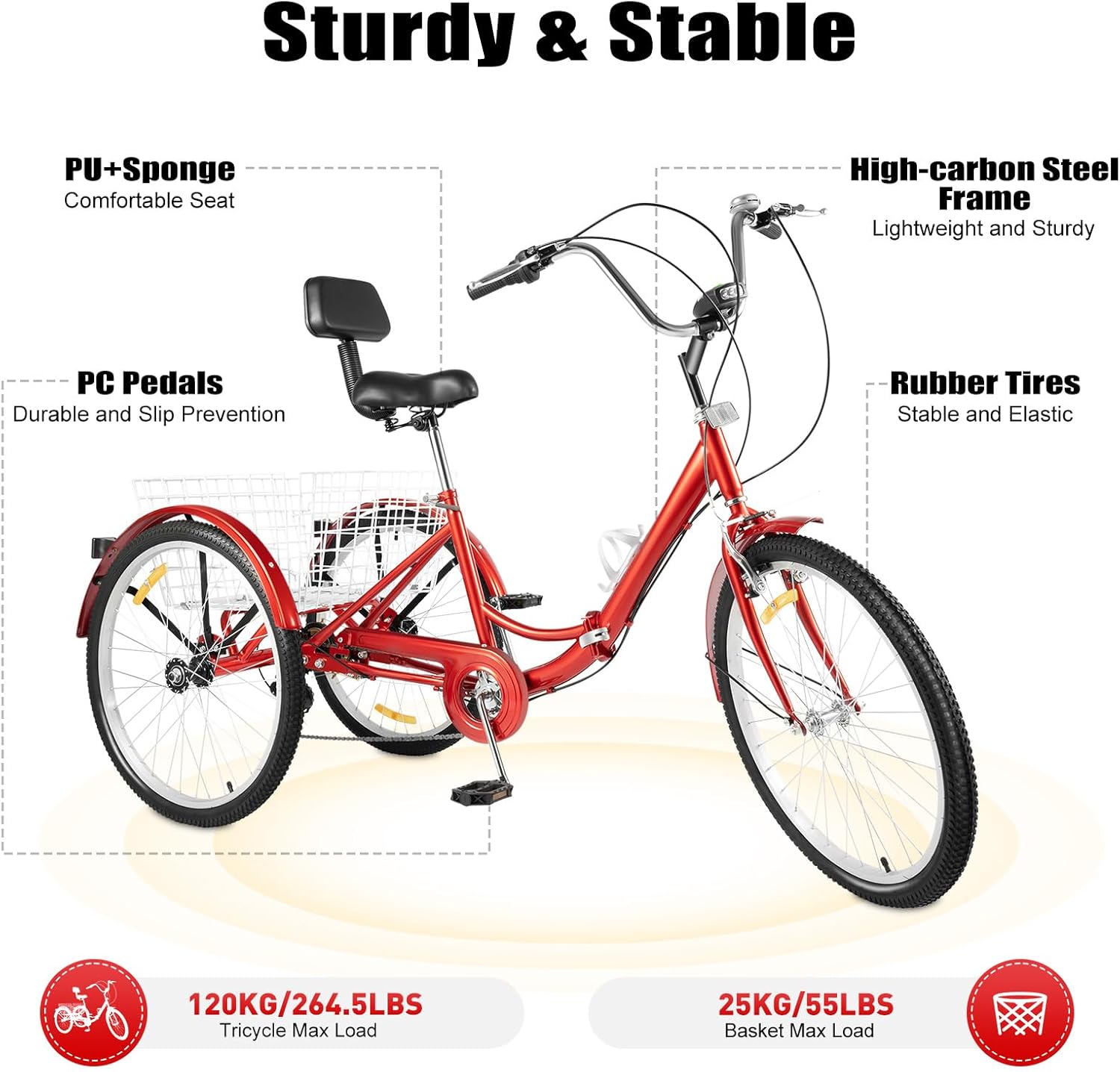 24 Inch Folding Tricycle, Tricycle for Adults with LED Headlight & Shopping Basket, 7-Speed Tricycle Bike, 3 Wheels, Outdoor Shopping Bicycle for Seniors & Adults, Red – Bild 7