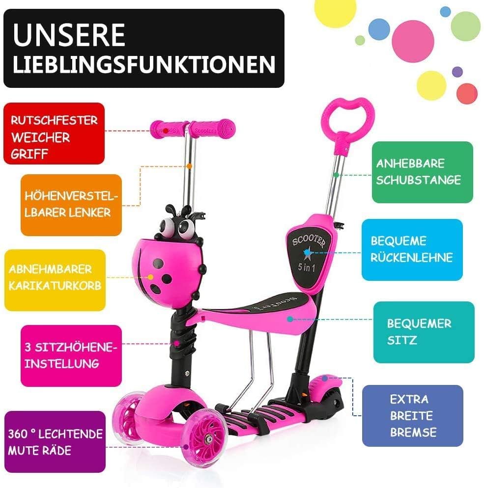 Kids Scooter with Removable Seat, Flashing LED Wheels, Height Adjustable 3 Wheel Scooter with Push Handle for Toddlers, Boys and Girls from 2 Years, Pink – Bild 4