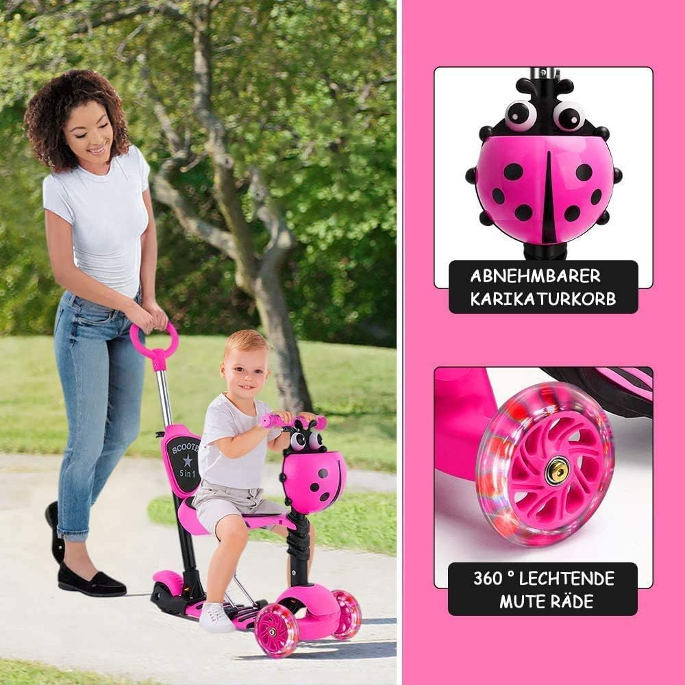 Kids Scooter with Removable Seat, Flashing LED Wheels, Height Adjustable 3 Wheel Scooter with Push Handle for Toddlers, Boys and Girls from 2 Years, Pink – Bild 5